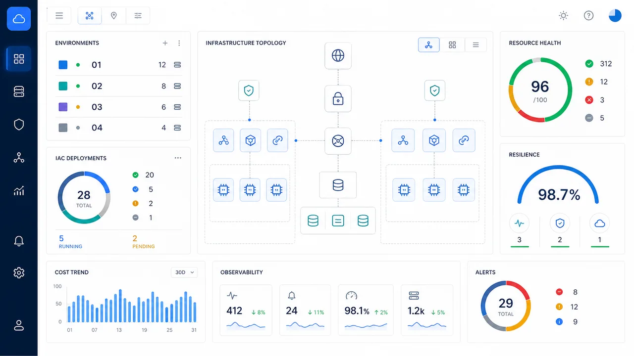 Infrastructure dashboard showing hybrid topology, deployments, health, resilience, and cost trends