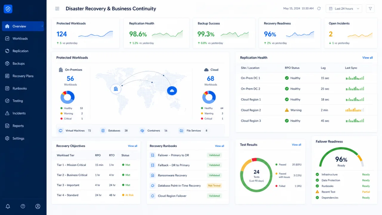 Disaster recovery dashboard showing protected workloads, replication health, recovery objectives, runbooks, and test results